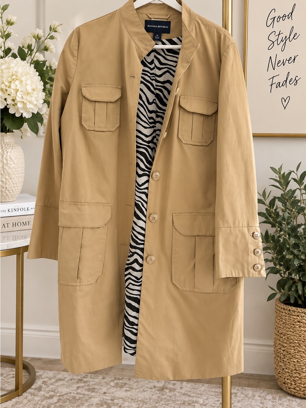 Dana Buchman Tan Trench Coat with Zebra-Print Lining